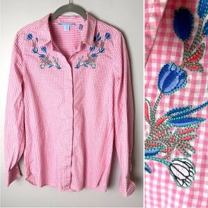 Draper James Shirt Sz 6 Medium Top Long Sleeves Gingham Plaid Floral Embroidered